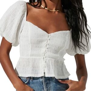 Astr White Puff Sleeve Smocked Button Front Blouse